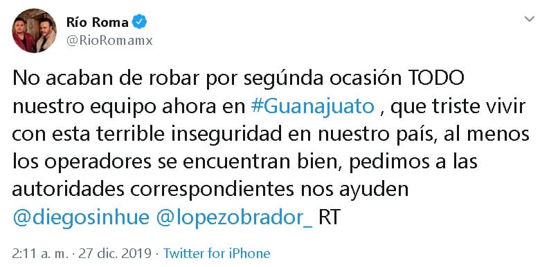"Nos acaban de 
<b>robar por segunda ocasión</b> todo nuestro equipo, ahora en Guanajuato. Qué triste vivir con esta terrible inseguridad en nuestro país".