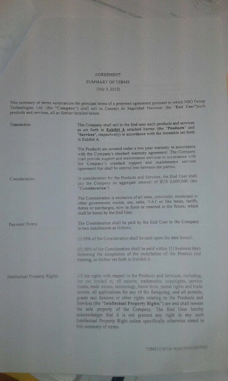 Terms of agreement between the Martinelli government and the NSO Group for the purchase of the Pegasus system.