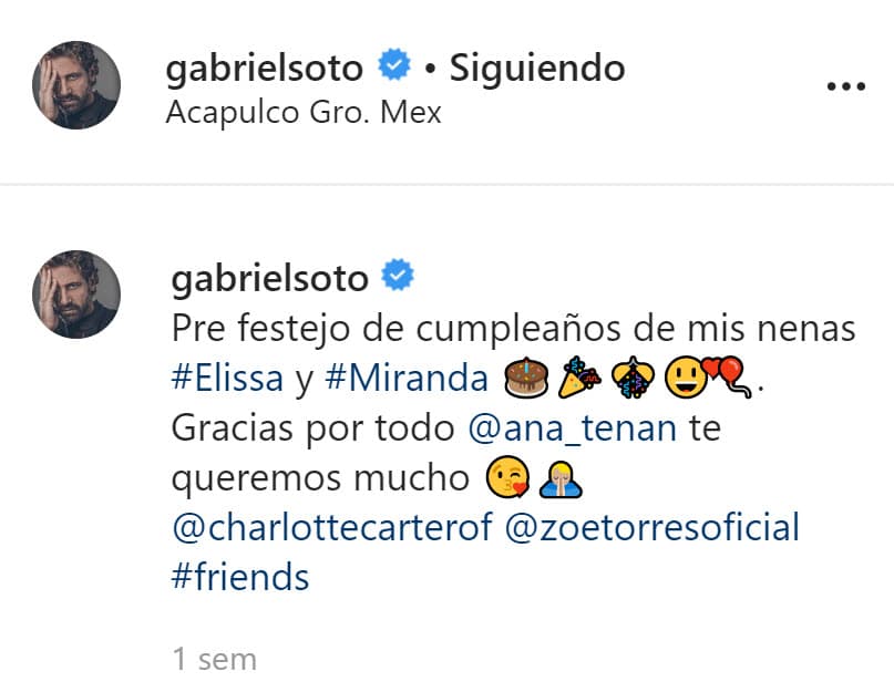 Según la geolocalización de la publicación, la reunión se llevó a cabo en el puerto de 
<b>Acapulco</b>, donde Gabriel grababa el melodrama.
<br>