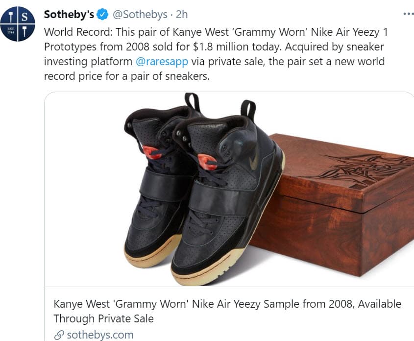 La compañía informó en sus redes sociales que se trata de un precio de compra récord en la historia. 
<b><a href="https://twitter.com/Sothebys/status/1386694184942325760" target="_blank">Fueron adquiridos por Rares</a></b>, una plataforma que invierte e intercambia acciones en "zapatillas raras", según su perfil en Twitter. Fue lanzada a finales de marzo por el exjugador profesional de fútbol americano Gerome Sapp, de 40 años.