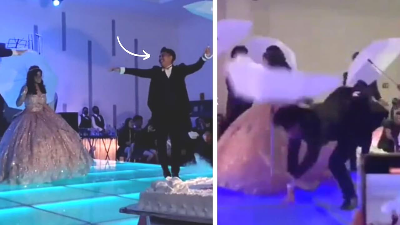 Chambelán sufre aparatoso accidente en medio de vals de XV años: hasta su sombrilla se dobló