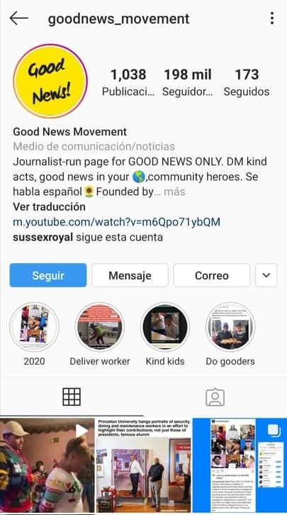 Good News Movement tiene 198 mil seguidores y se describe a sí misma como una página dirigida por periodistas para 
<b>"buenas noticias solamente"</b>.