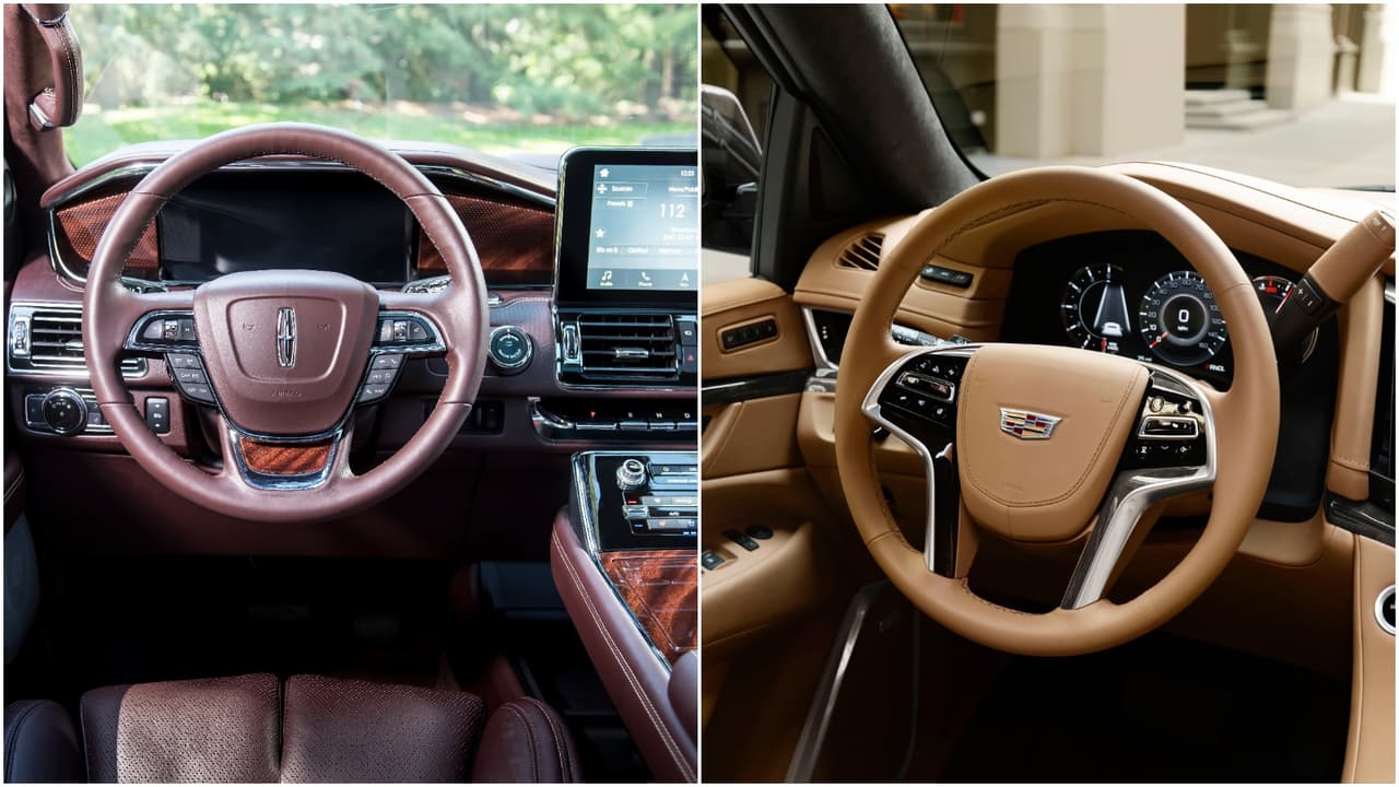 <h3 class="cms-h3-H3">Volante y dirección.</h3>
<br>
<br>Ambos volantes cumplen con su papel eficientemente. Se sienten suaves y agradables al tacto y ambos, como es costumbre en estos días, están llenos de controles redundantes, 
<b>quizas demasiados</b> en el caso de la Lincoln. En ambos vehículos la dirección es suave y algo lenta, pero en el caso de la Navigator el diámetro de giro es 
<b>sorprendentemente cerrado</b> lo que puede constituir una gran ventaja. Ambas camionetas maniobran eficazmente pero en la Lincoln el balance de su carrocería es mucho más controlado. A la hora de dar una vuelta en U la Navigator se lleva todos los trofeos.
<br>
<br>Imagen: Lincoln izquierda, Cadillac derecha.