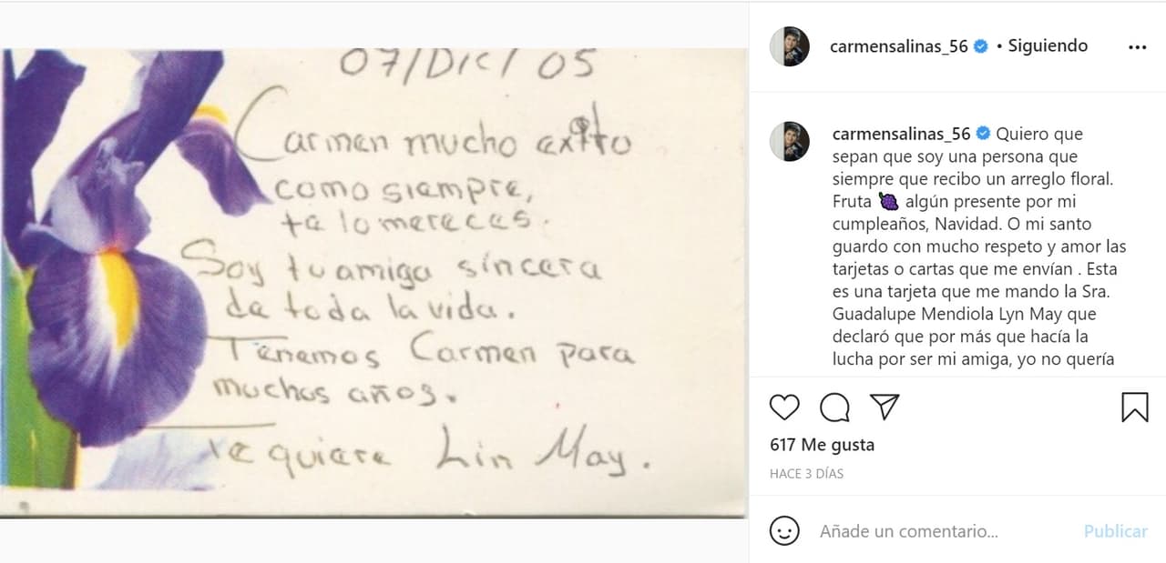 "Esta es una tarjeta que me mandó la señora Guadalupe Mendiola, Lyn May [...] y por la amistad que siempre nos unió, 
<b><a href="https://www.instagram.com/p/CLkmrqVDESu/?utm_source=ig_embed" target="_blank">pagué la cirugía que le hicieron</a></b> en la cara para sacarle toda la porquería que le inyectaron", escribió la actriz de 
<b>Nosotros Los Guapos</b> junto a esta foto.