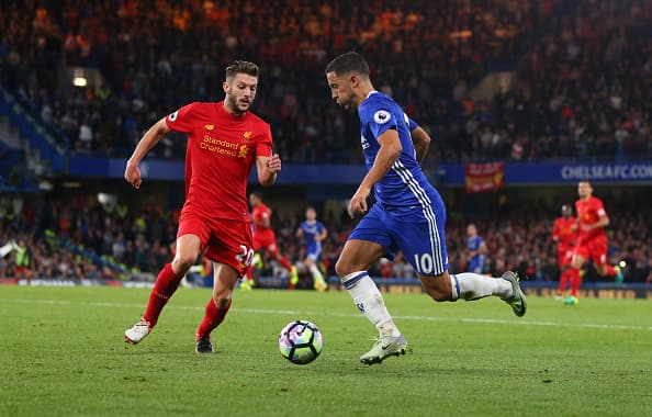 LONDON, ENGLAND - SEPTEMBER 16: Adam Lallana of Liverpool and Eden Hazard of Chelsea during the Premier League match between Chelsea and Liverpool at Stamford Bridge on September 16, 2016 in London, England. (Photo by Catherine Ivill - AMA/Getty Images)