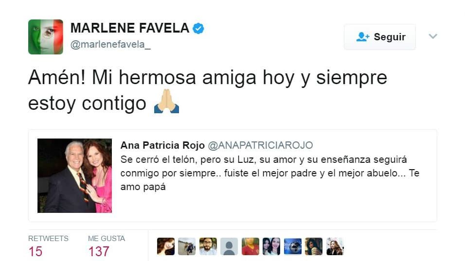 <b><a href="http://www.univision.com/temas/marlene-favela">Marlene Favela</a></b> le envió palabras de aliento a
<b><a href="http://www.univision.com/temas/ana-patricia-rojo">Ana Patricia Rojo</a></b> por la perdida de su padre, ya que las actrices son grandes amigas.