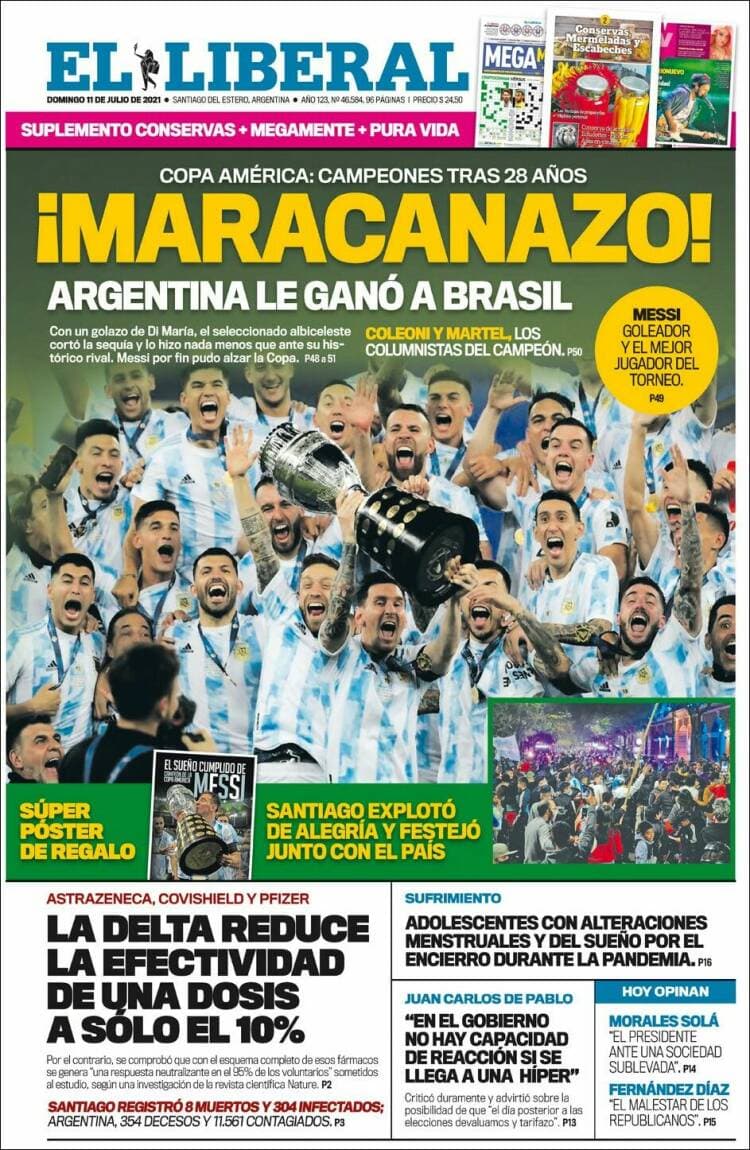 Argentina rompe la maldición y 28 años después consigue, de la mano de Lionel Messi, el título de campeones de la Copa América. La prensa argentina enaltece la hazaña, así como la prensa internacional del continente americano.