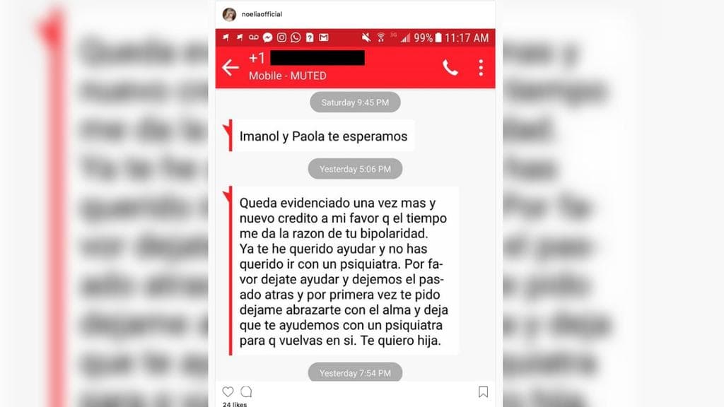 Sin embargo, el pasado 20 de agosto Noelia sorprendió a sus seguidores publicando un extenso mensaje en su Instagram junto a una captura de pantalla de una conversación con su madre, en la cual le sugiere a la intérprete de 'Candela' buscar la ayuda de un psiquiatra por su supuesta "bipolaridad".