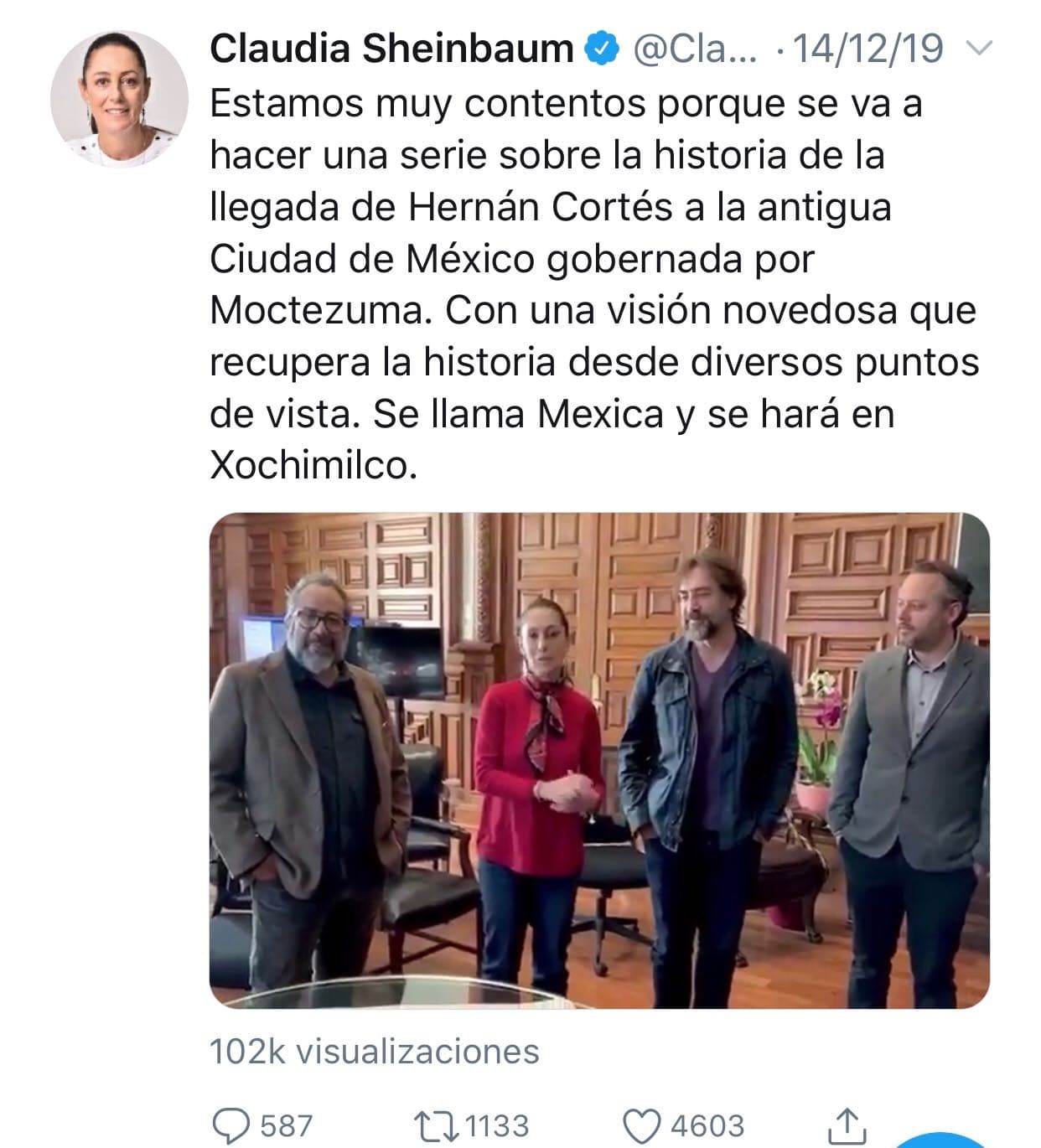 "Estamos muy contentos porque se va a hacer una serie sobre la historia de la llegada de Hernán Cortés a la antigua Ciudad de México, gobernada por Moctezuma. Con una visión novedosa que recupera la historia desde diversos puntos de vista. Se llama Mexica y 
<b>se hará en Xochimilco</b>", 
<a href="https://twitter.com/claudiashein/status/1205895733842448386?s=21" target="_blank">compartió</a> Sheinbaum.