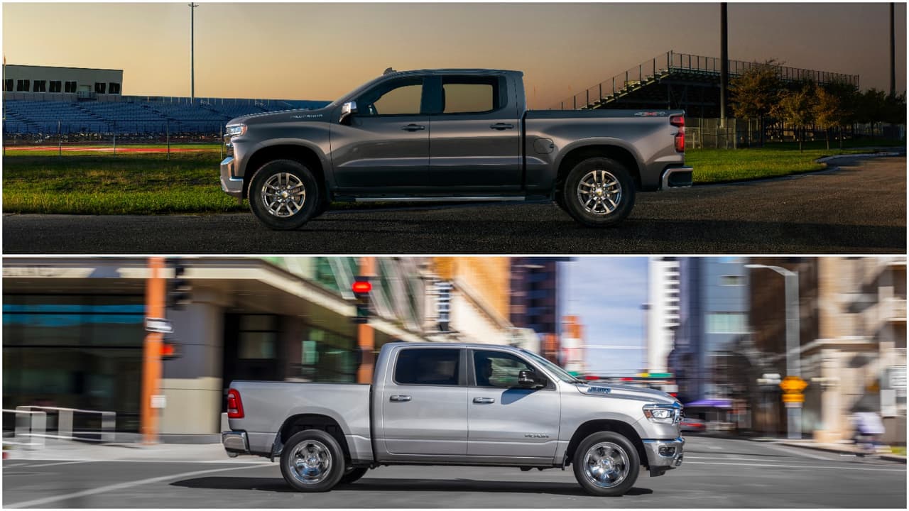 <h3 class="cms-h3-H3">Estilo y construcción.</h3>
<br>
<br>Mientras que la Ram presenta un estilo evolutivo, no muy distinto al de la camioneta que reemplaza Chevrolet decidió acentuar la personalidad de la Silverado 1500 con una confluencia de líneas ondeadas no muy distintas a las que encontramos en sus vehículos de pasajeros. El estilo más inocuo pero muy elegante de la Ram contrasta con la profusión de líneas de la Chevrolet que definitivamente, para bien o para mal, se distinguirá visualmente del resto sus competidoras.
<br>
<br>En el frente del vehículo Ram dio al traste con 24 años de tradición dándole a la su camioneta un frontal que carece del frontal
<i>Big Rig</i> caracterizado por una enorme parrilla y guardafangos diferenciados que la distinguían desde 1994, pero que mantiene una familiaridad que impedirá que no se reconozca como un producto Ram. Chevrolet por su parte se fue por la vía evolutiva y mantuvo el frontal de 'dos pisos' dándole un complicado pero agradable aspecto tecnológico.
<br>
<br>Ambos vehículos hacen uso liberal de aceros de alta resistencia, bastidores completos para mayor rigidez torsional.