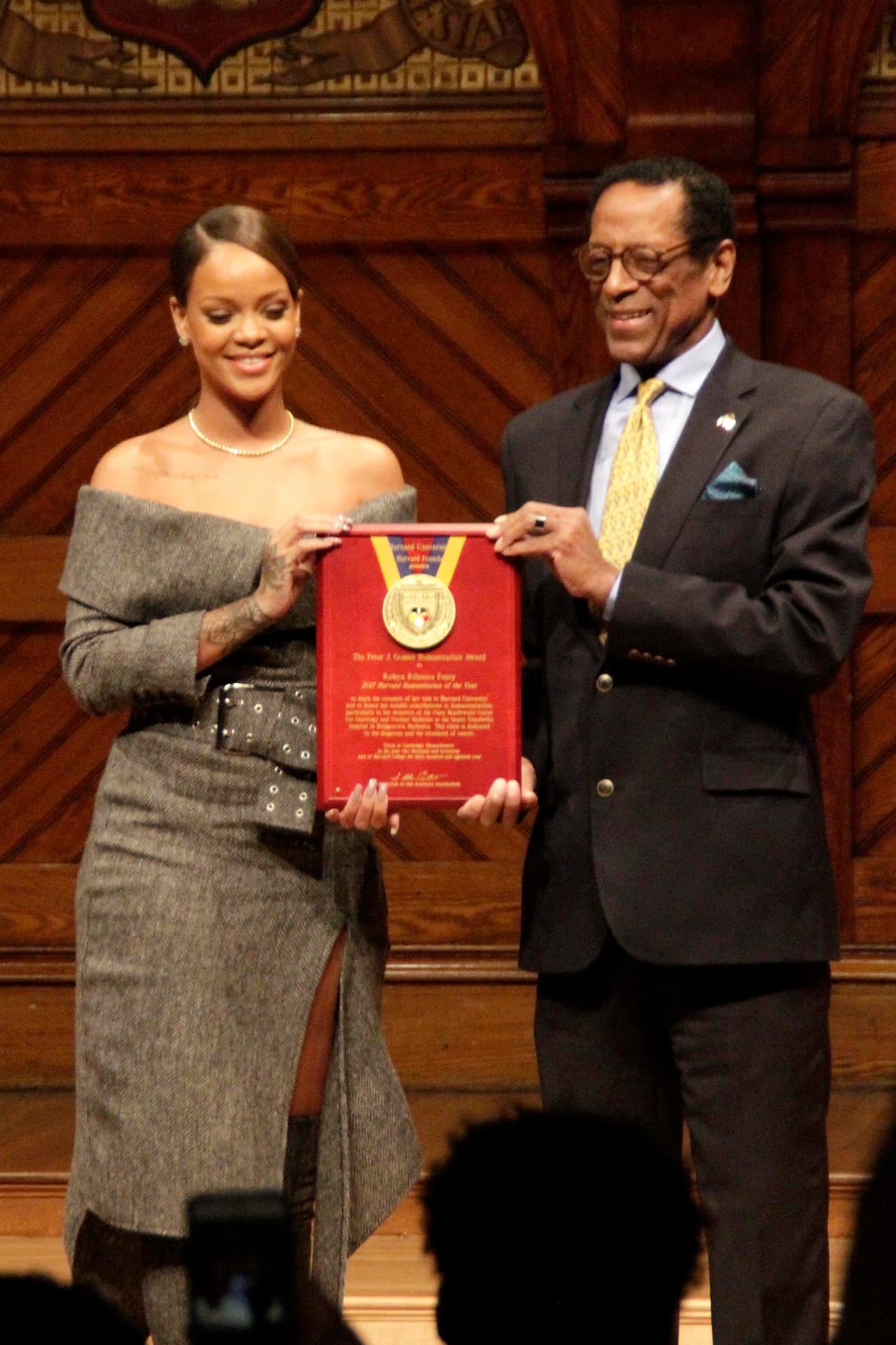 Photo © 2017 Instar Images/The Grosby Group Cambridge, Massachusetts, February 27, 2018. Pop star Rihanna is seen at Harvard's Sanders Theatre to receive the 2017 Humanitarian Award for her contributions in Barbados. Rihanna has charitably built a state-of-the-art center for oncology and nuclear medicine to diagnose and treat breast cancer at the Queen Elizabeth Hospital in Bridgetown, Barbados,î said Dr. S. Allen Counter, director of the Harvard Foundation, in a statement.