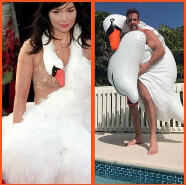 No cabe duda que Carlos tiene un sentido del humor muy ácido que muchos podrían tomar como burla, como lo demostró con esta fotografía de cuando la cantante y actriz islandesa Björk llegó a la entrega de los Oscar en 2001 con el famoso vestido de cisne, escena que él recreó muy a su estilo.