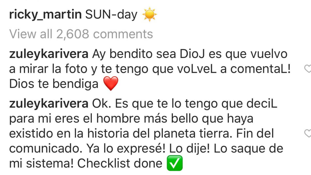 "Es que tengo que decir, para mi 
<b>eres el hombre más bello que haya existido en la historia</b> del planeta Tierra. Fin del comunicado", se lee en el mensaje que junto a la foto escribió Zuleyka Rivera.
