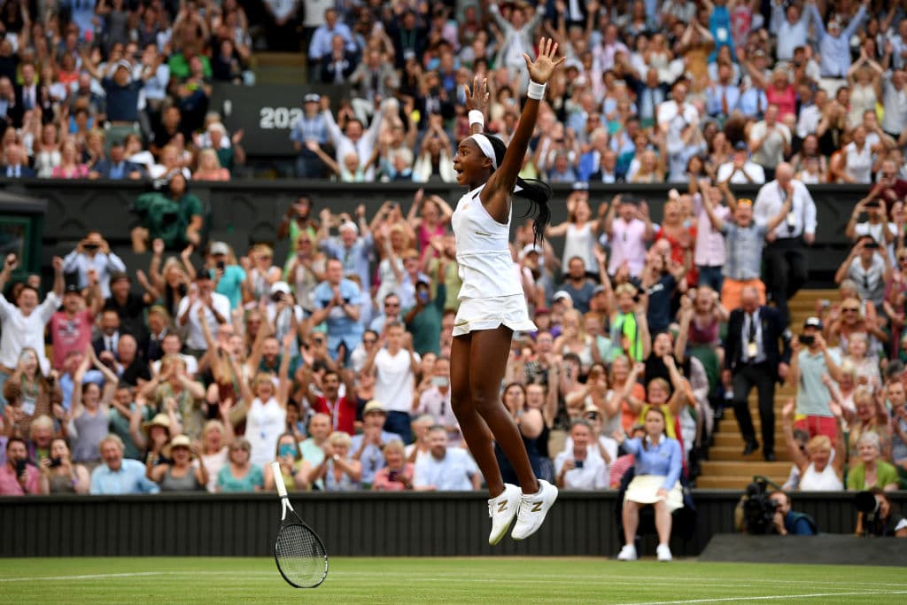 La estadounidense Cori Gauff celebrando un match point ante la eslovena Polona Hercog durante el quinto día de actividades de 2019.