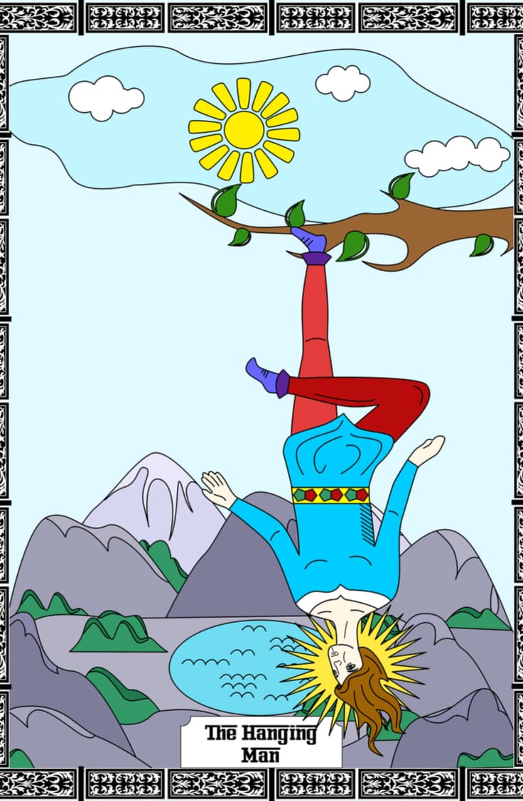 Esta carta también está relacionada con el sacrificio. Quizá la persona se está "sacrificando" y no hace nada por ella misma por ayudar a alguien más, sea al prójimo, a su familia, a su pareja... Tal vez está dejando que pase algo para conseguir algo mayor en el camino, o simplemente, su inacción está rayando en el martirio puro.