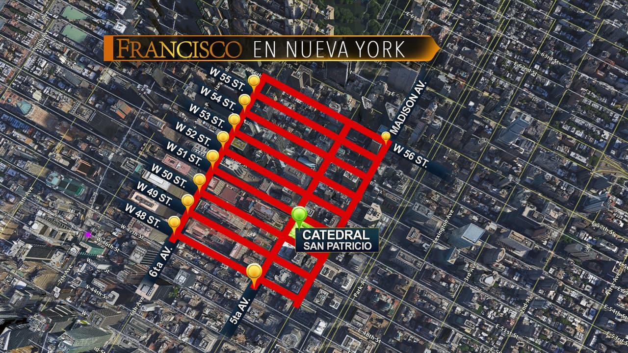 Mapas revelan las calles que cerrarán durante la visita del papa en Nueva York.