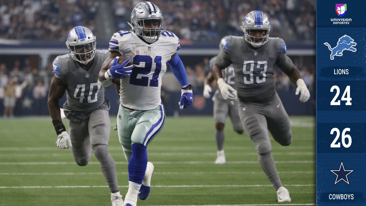 Ezekiel Elliott acumuló 240 yardas totales ante los Lions y logró un TD en la victoria de los Cowboys.
