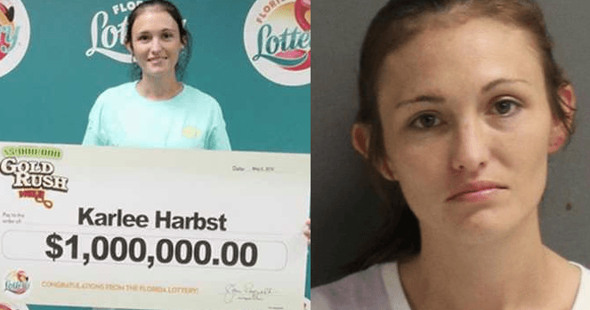 Karlee Harbst, con su premio en mayo de 2018, y la imagen de su ficha policial tras ser arrestada.