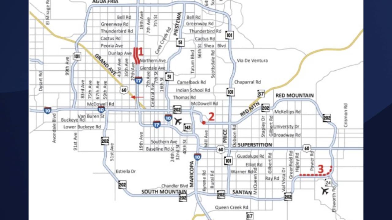 De acuerdo con ADOT, el Loop 202 [Red Mountain Freeway] cerrará brevemente durante la noche (en ambas direcciones) cerca de Priest Drive desde las 11 pm del sábado hasta las 5 am el domingo 16 de enero a para trabajos de líneas de servicios públicos aéreos de APS.