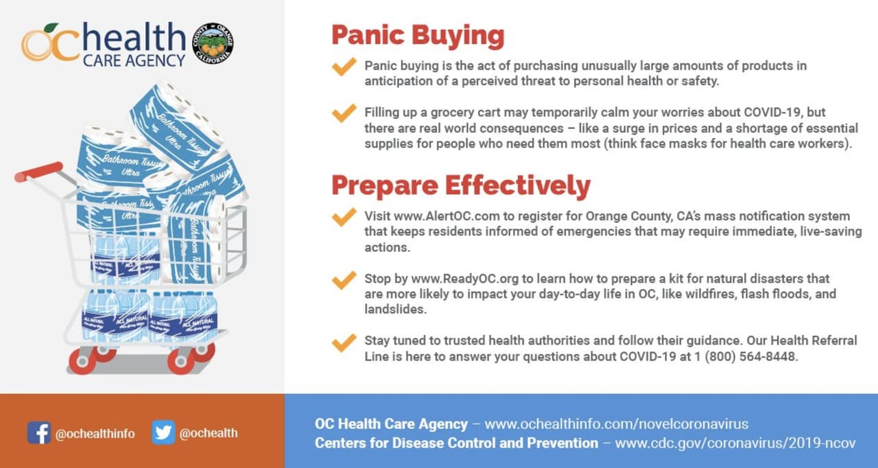 El Departamento de Salud del Condado de Orange (OCHCA), California, dijo que “la compra de pánico es el acto de adquirir cantidades inusualmente grandes de productos en previsión de una amenaza percibida para la salud o seguridad personal”