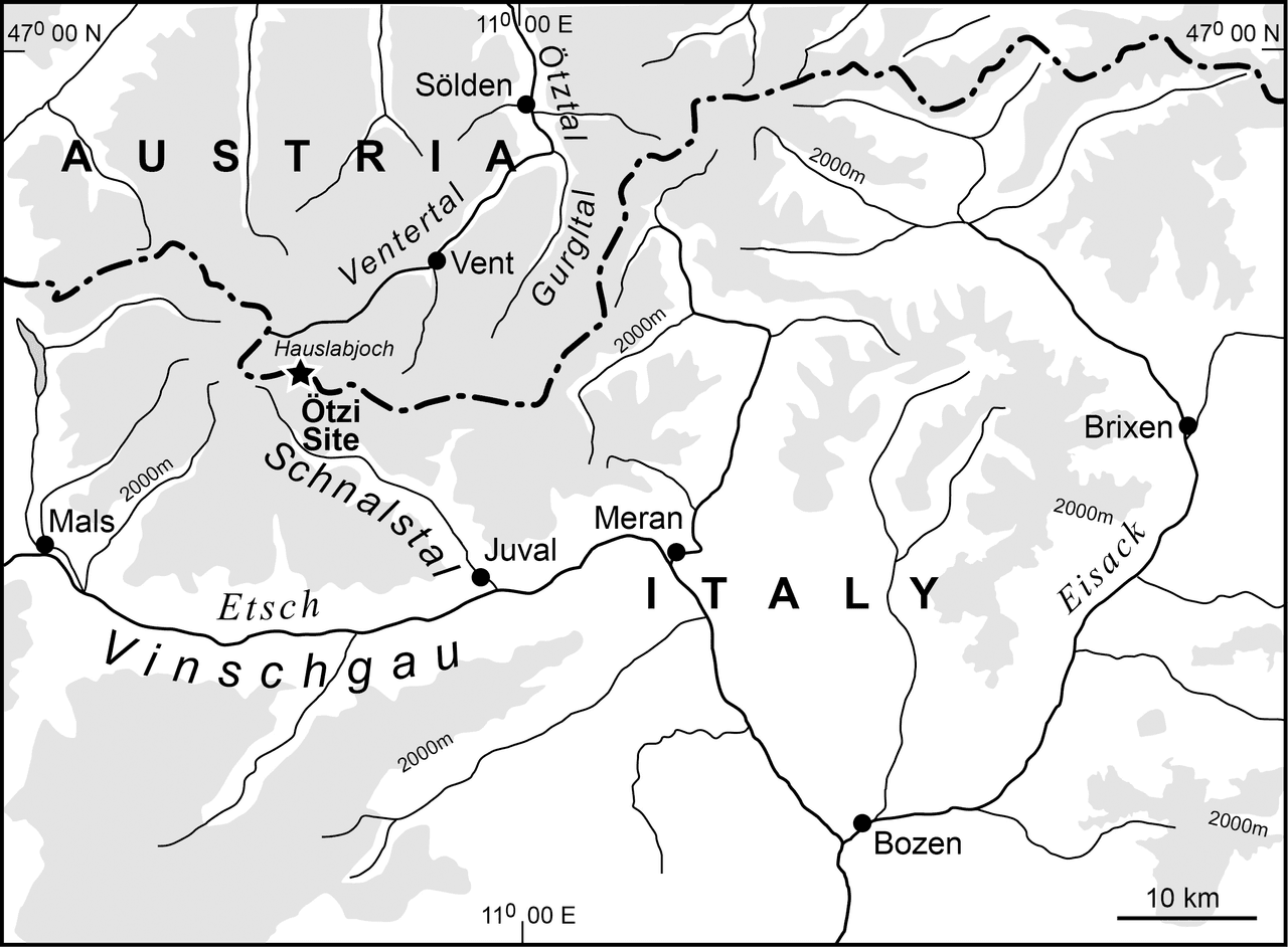 Ötzi estaba cruzando el paso de Tisenjoch, en el valle del Valsenales, cuando un arquero alpino del sur le disparó en la espalda con una flecha y se conservó de forma natural en el hielo. La estrella en el mapa muestra el sitio donde Ötzi fue descubierto situado en Italia a tan sólo 92 metros de la frontera de Austria.