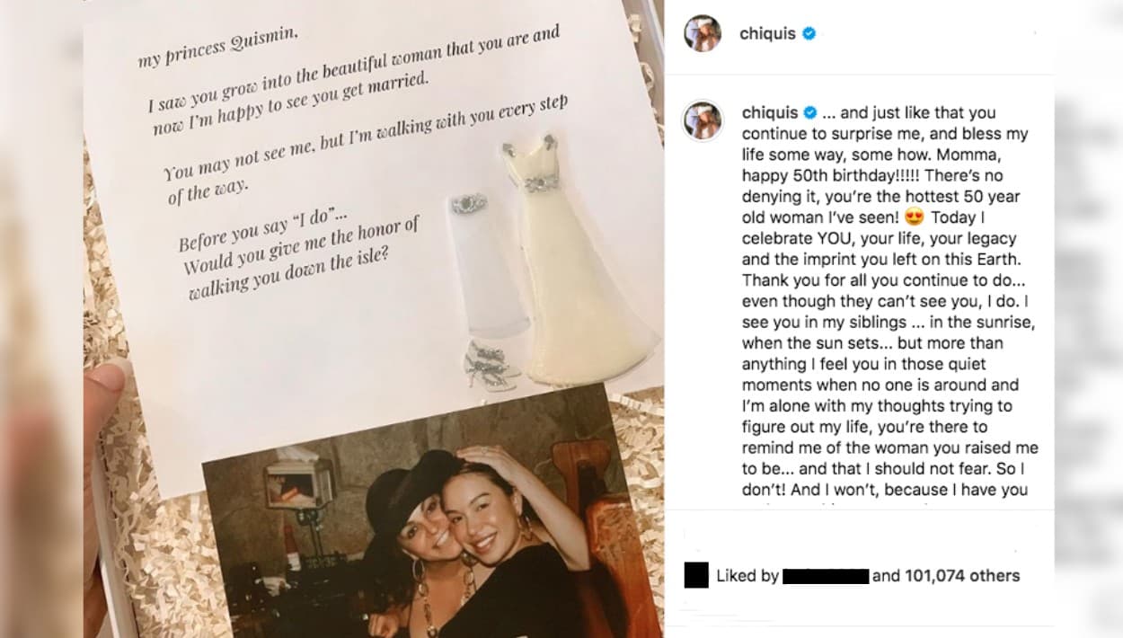 Este martes, 2 de julio, Chiquis Rivera compartió con sus 
<b><a href="https://www.instagram.com/chiquis/" target="_blank">más de 3 millones de seguidores en Instagram</a></b>, el regalo de bodas que recibió de parte de su madre. Junto a una foto de ambas, está escrito el siguiente mensaje: "Mi 
<b>princesa Quismín</b> (como Jenni Rivera le llamaba de cariño): Te he visto convertirte en esa hermosa mujer que eres y ahora estoy 
<b>feliz de ver que te casarás</b>".