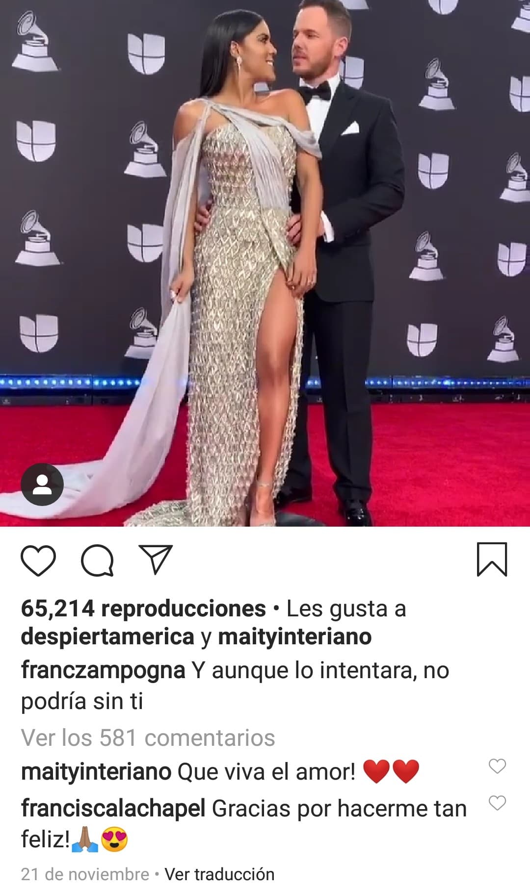 "Y aunque lo intentara no podría sin ti", expresó en otra ocasión el fiel 
<a href="https://www.univision.com/shows/despierta-america/francisca-desfilo-con-francesco-por-primera-vez-en-una-alfombra-roja-las-fotos-de-su-gran-noche-en-latin-grammy-fotos" target="_blank">enamorado de Francisca</a> Lachapel.