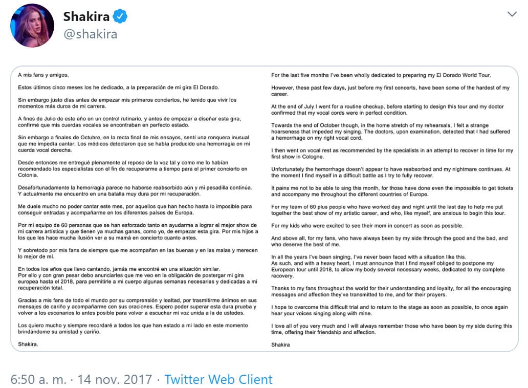 "Los médicos detectaron que se había producido una hemorragia en mi cuerda vocal derecha. Desde entonces me entregué plenamente al reposo de la voz tal [...] desafortunadamente 
<b>la hemorragia parece no haberse reabsorbido aún y mi pesadilla continúa</b>. Y actualmente me encuentro en una batalla muy dura por mi recuperación".
<br>