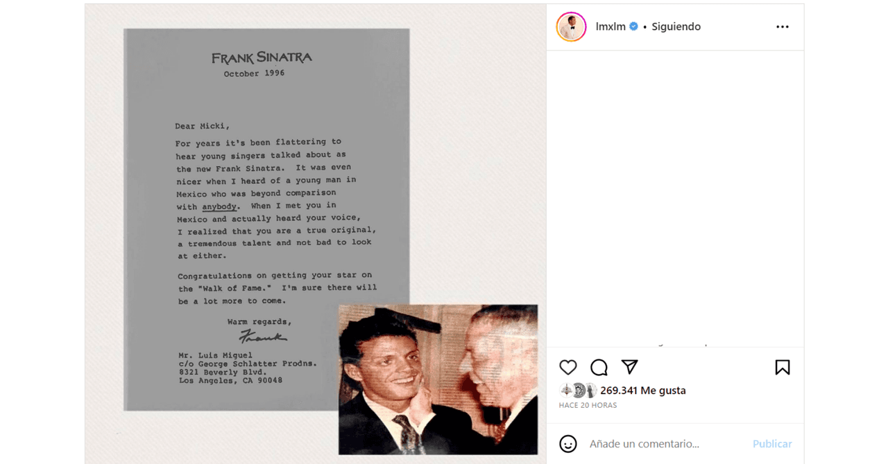 Luis Miguel compartió la carta que le mandó Frank Sinatra en 1996