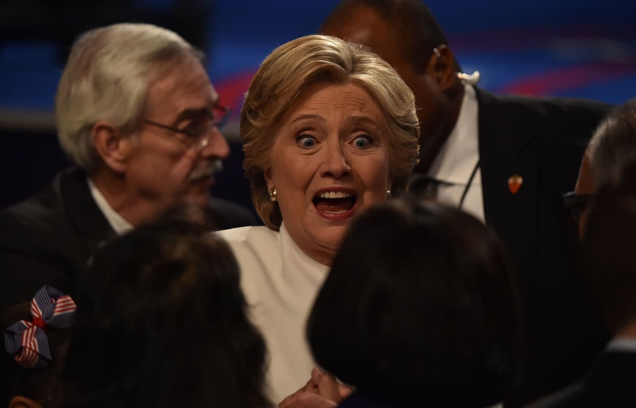 Democratic presidential nominee Hillary Clinton departs the stage following the third and final US presidential debate with Republican nominee Donald Trump at the Thomas & Mack Center on the campus of the University of Las Vegas in Las Vegas, Nevada on October 19, 2016. / AFP / Paul J. Richards (Photo credit should read PAUL J. RICHARDS/AFP/Getty Images)