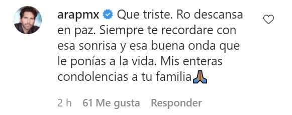 Uno de ellos fue el actor 
<b>Arap Bethke</b>, quien escribió: "Qué triste, Ro. Descansa en paz. Siempre te recordaré con esa sonrisa y esa buena onda que le ponías a la vida. Mis enteras condolencias a tu familia".
