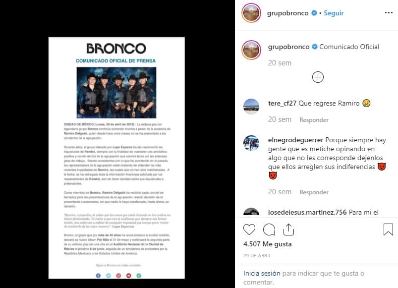 <b>Bronco</b> respondió a la ausencia de Ramiro con un
<b><a href="https://www.instagram.com/p/Bw2I5vdHGsI/?utm_source=ig_embed" target="_blank">comunicado de prensa publicado en Instagram el 29 de abril</a></b>, donde
<b>Esparza</b> le envió un mensaje: "Ramiro, compadre, tú sabes que las cosas que estás diciendo en los medios no tienen fundamento. Te invito a que con la confianza que siempre nos hemos tenido, nos sentemos a hablar de cualquier inquietud que tengas para tratar de resolverla de la mejor manera".
