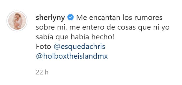 Por la tarde del martes, Sherlyn publicó este mensaje en Instagram. No mencionó la nota de TVNotas, pero llamó la atención que escribió que le 
<b><a href="https://www.instagram.com/p/CUGEFTfFepy/" target="_blank">"encantan los rumores" sobre ella:</a></b> "¡Me entero de cosas que ni yo sabía que había hecho!". 
<br>