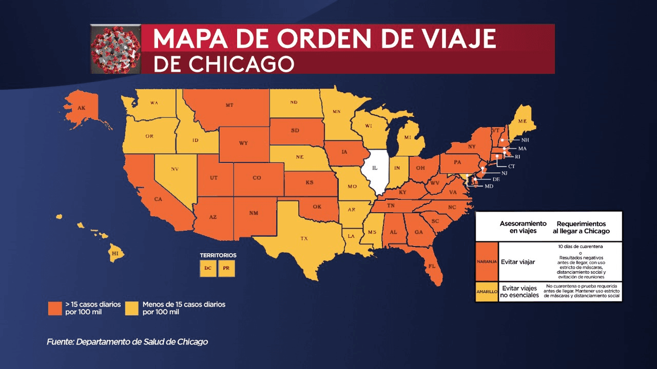 El Departamento de Salud municipal disminuyó las restricciones para 17 estados, incluídos 4 del medio oeste: Indiana y Wisconsin, además de Michigan y Missouri, que pasan así a color amarillo.