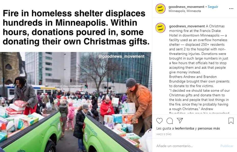 Entre las historias recientes de Good News Movement, se encuentran noticias referentes a donaciones dadas a refugios durante el 
<b><a href="https://www.instagram.com/p/B6laJFigJhW/" target="_blank">período navideño</a></b>.