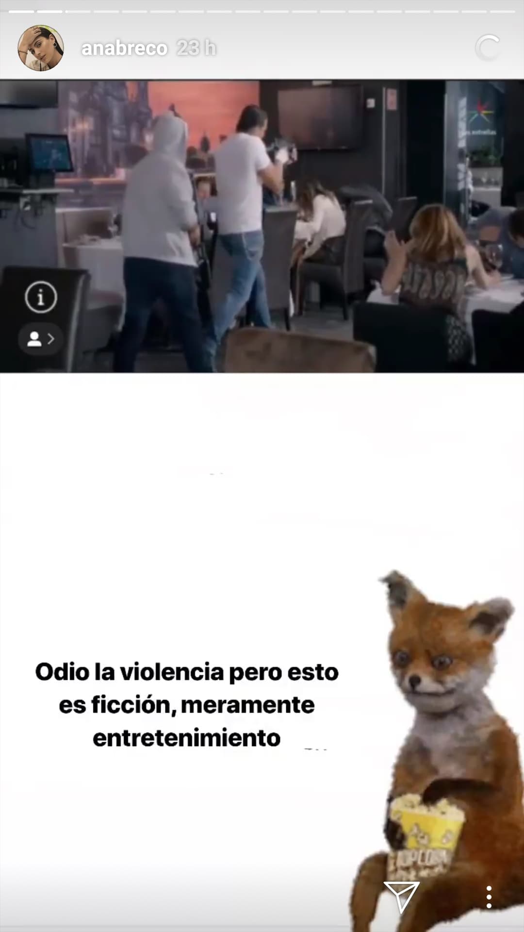 Asimismo, la actriz destacó a través de sus Historias de Instagram que no le gusta la violencia, y que las escenas que vimos recientemente son “meramente entretenimiento”.