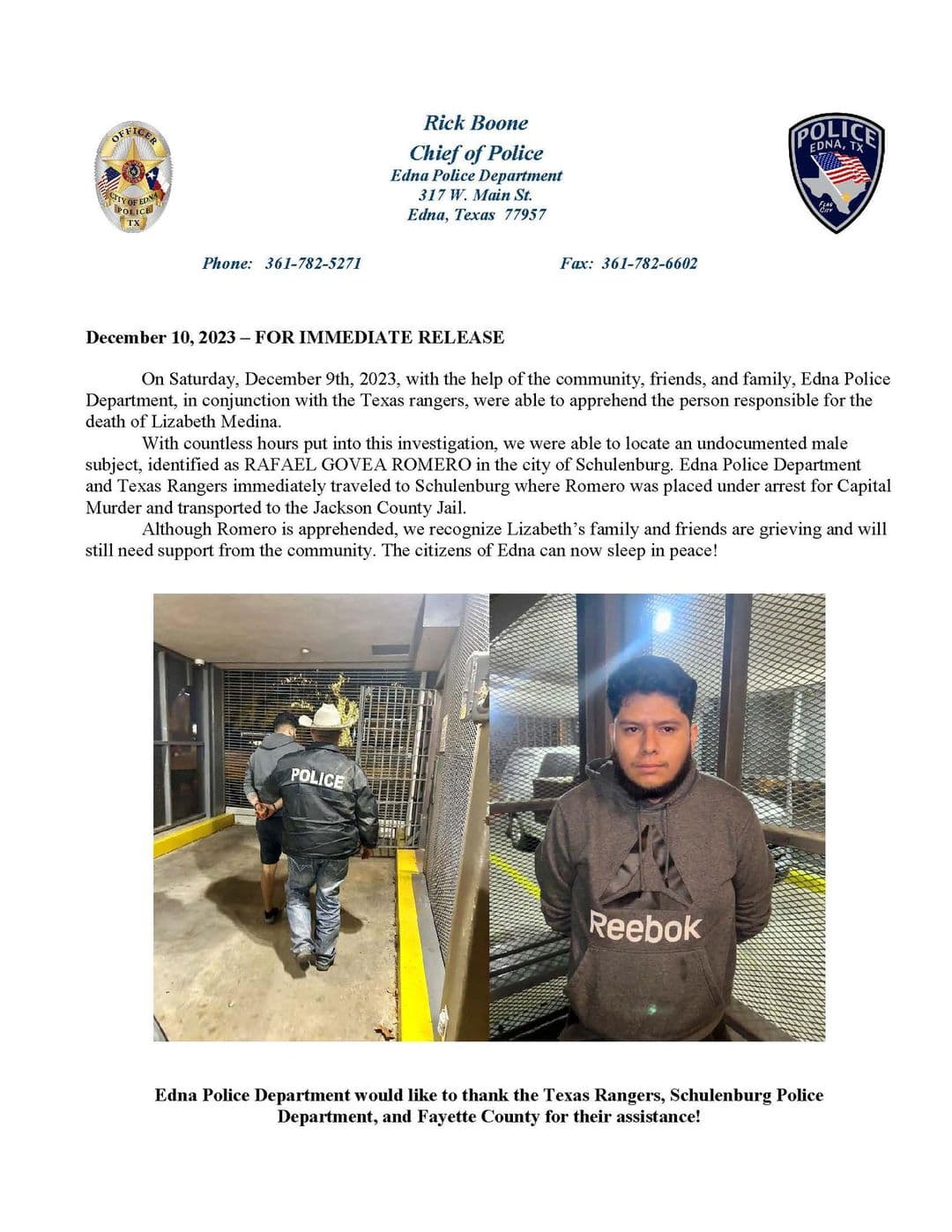 El comunicado divulgado por la policía de Edna, Texas.