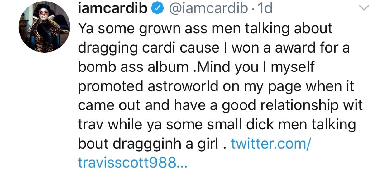 "Algunos hombres maduros hablan sobre odiar a Cardi porque gané un premio por un álbum que es exitoso. Recuerden que
<b>yo misma promoví 'Astroworld' </b>en mi página cuando salió y tengo una buena relación con 'Trav', mientras que algunos hombres de pene pequeño están hablando sobre odiar a una chica", escribió Cardi B
<b><a href="https://twitter.com/iamcardib/status/1167097206203133955?s=20">en su cuenta de Twitter</a></b>.
<br>