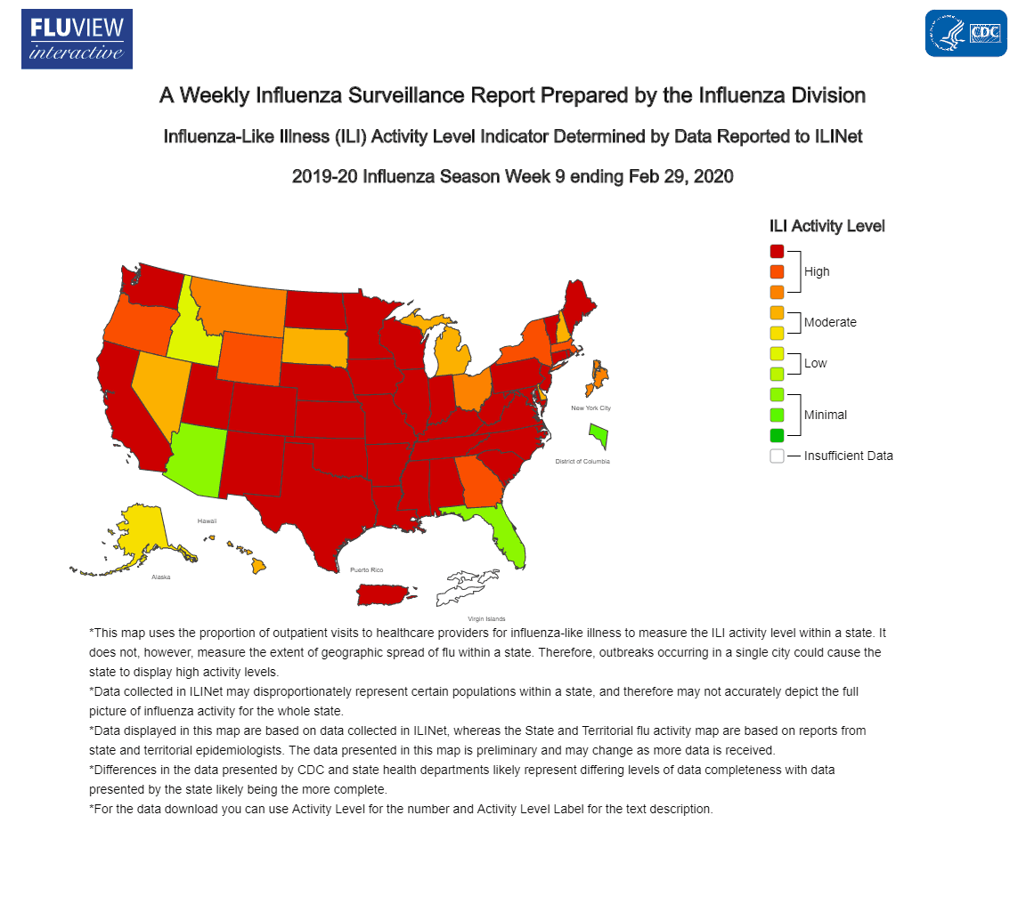 Mapa del brote de gripe durante la temporada 2019 - 2020 al 29 de febrero de 2020.