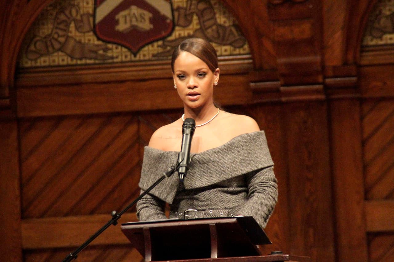 Photo © 2017 Instar Images/The Grosby Group Cambridge, Massachusetts, February 27, 2018. Pop star Rihanna is seen at Harvard's Sanders Theatre to receive the 2017 Humanitarian Award for her contributions in Barbados. Rihanna has charitably built a state-of-the-art center for oncology and nuclear medicine to diagnose and treat breast cancer at the Queen Elizabeth Hospital in Bridgetown, Barbados,î said Dr. S. Allen Counter, director of the Harvard Foundation, in a statement.