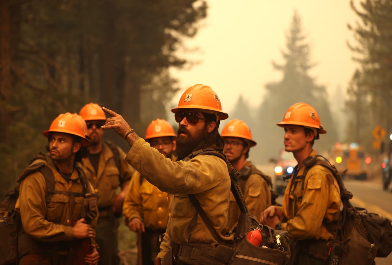 En la imagen, bomberos del Servicio Forestal de los Estados Unidos se preparan para una jornada más combatiendo el incendio Caldor. Su trabajo en tierra es apoyado desde el aire por 26 helicópteros que arrojan agua y retardante en las zonas más afectadas.