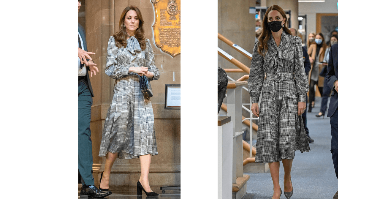 En enero del 2020,
<a href="https://www.univision.com/famosos/reglas-kate-middleton-debe-seguir-familia-real">la duquesa de Cambridge</a> usó por primera vez un vestido a cuadros, en corte midi, con mangas abullonadas y un moño alrededor del cuello. En octubre del 2021 la volvimos a ver con esta prenda al visitar el University College de Londres. Marcó la diferencia entre uno y otro look con sus zapatos.