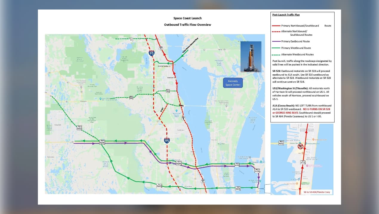 Las autoridades del condado Brevard harán cambios en la circulación en algunas vías durante la mañana del lunes con motivo del lanzamiento del Artemis I en Cabo Cañaveral.