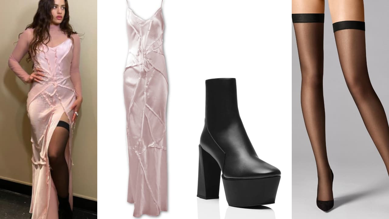 <b>TE LO TENGO</b>
<br>Si cuando viste la actuación de 
<a href="https://www.instagram.com/p/CLj7rYMB0tB/" target="_blank">Rosalía</a> al lado de Bad Bunny en Saturday Night Live morías de la emoción (y no por el 
<a href="https://www.instagram.com/p/CLj8-ucBJ3D/" target="_blank">casi beso</a> que se dieron), si no por el espectacular look que llevaba, aquí tienes toda la información. 
<br>
<a href="https://kesnyc.com/products/kes-elongated-recycled-dress-light-pearl" target="_blank">Vestido rosado</a> de corte al sesgo en seda reciclada de KES. 
<b>Precio: $ 735</b> 
<br>
<a href="https://www.wolfordshop.com/hosiery/stay-ups/individual-10-stay-up/21663.html?dwvar_21663_color=4365" target="_blank">Medias negras</a> con borde elástico de Wolfords. 
<b>Precio: $53 </b>
<br>
<a href="https://haiki.com/collections/shop-haiki-collections/products/haiki-651-platform-boots-kona-calfskin-black" target="_blank">Botines en piel</a> negra de Haiki con plataforma y cierre atrás. 
<b>Precio: $1,195 </b>
<br>