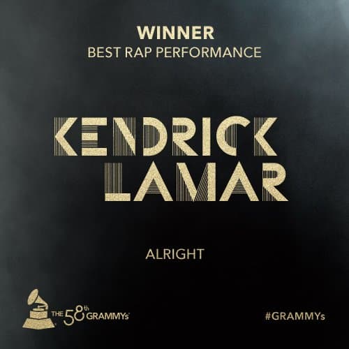 Kendrick Lamar se llevó 'Mejor Performance de Rap' por 'Alright'.