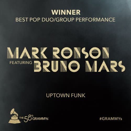 Mark Ronson y Bruno Mars se llevaron el primer GRAMMY por Mejor Performance de Dúo o Banda Pop por 'Uptown Funk'.
