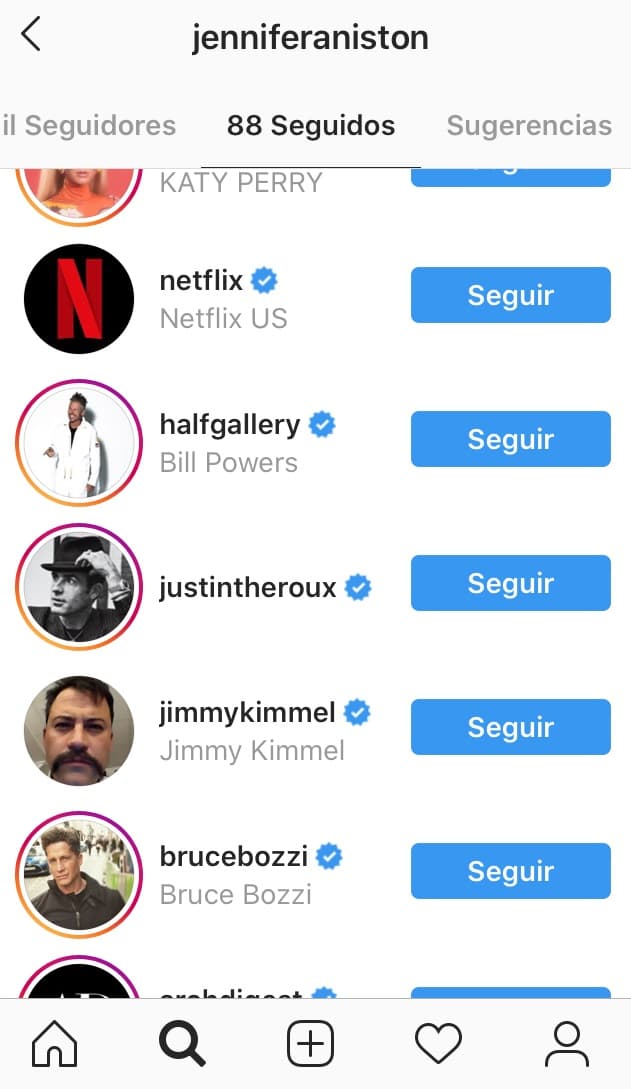 Hasta ahora, la también protagonista de 
<b><a href="https://www.youtube.com/watch?v=P3IsUOSHlnU" target="_blank">'Cake'</a></b> (2014) sigue a 102 cuentas. Entre ellas destaca la de su exesposo, 
<b>Justin Theroux</b>.