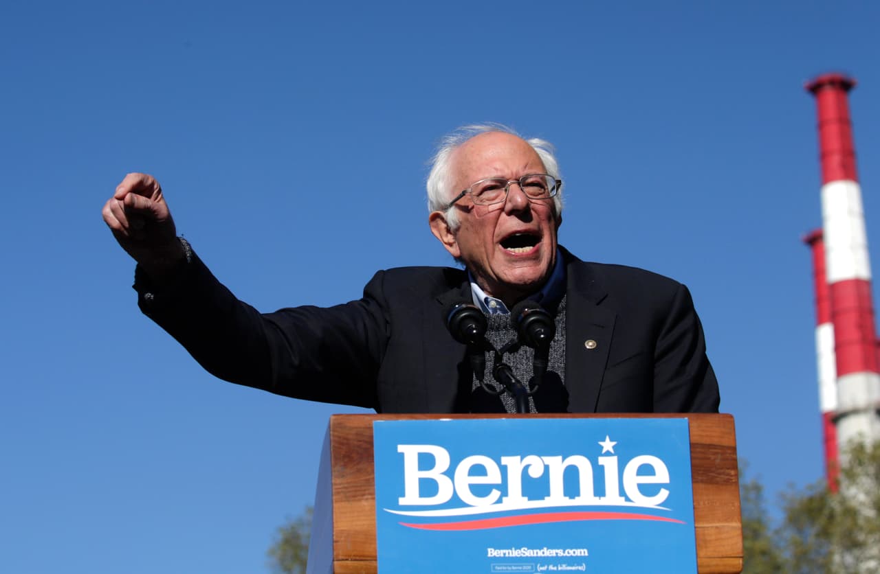NEW YORK, NY - OCTOBER 19: Democratic presidential candidate, Sen. Bernie Sanders (I-VT) speaks to supporters at a campaign rally in Queensbridge Park on October 19, 2019 in the Queens borough of New York City. This is Sanders' first rally since he paused his campaign for the nomination due to health problems. (Photo by Kena Betancur/Getty Images)