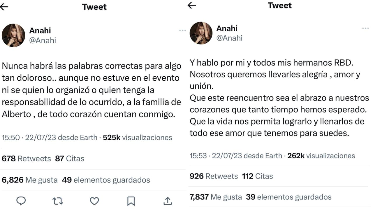 Estos son los tuits que publicó Anahí luego de la tragedia.