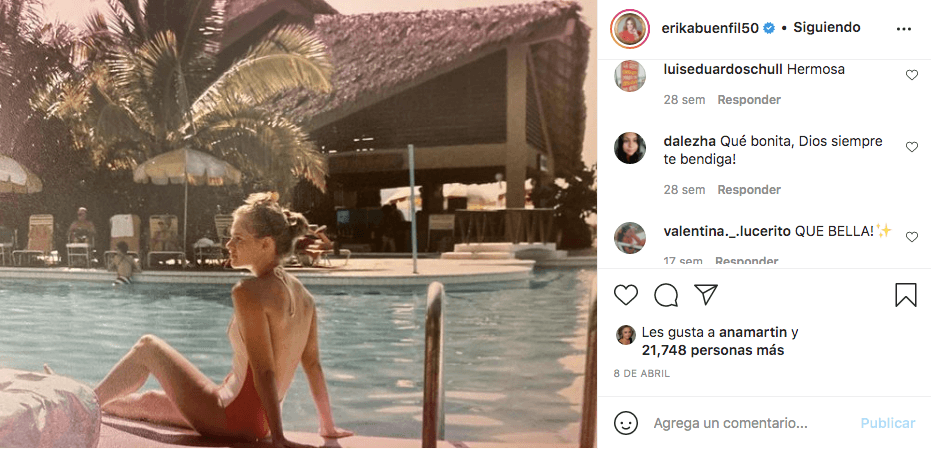 Erika Buenfil no solo tiene capturas de su juventud en la playa, sino también a la orilla de la alberca. Como esta fotografía en traje de baño completo en donde recibió muchos halagos como "hermosa", "bonita" y "bella".